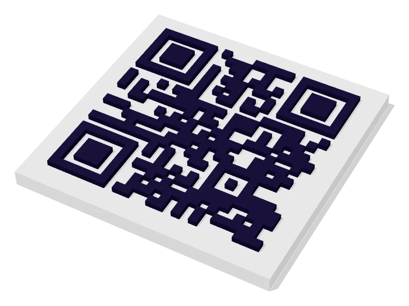 A 3D-printable QR code: dark raised squares on a white base plate